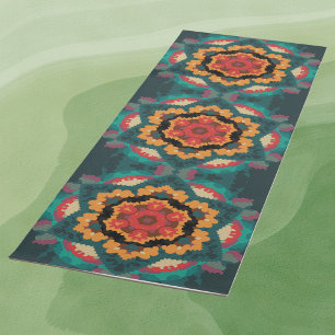 Tapis De Yoga Rétro Mandala bleu orange et rouge