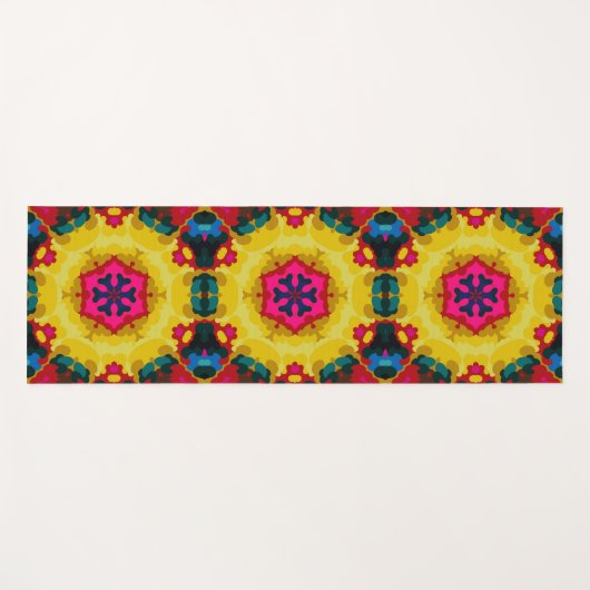 Tapis De Yoga Rétro Mandala jaune bleu et rose (Devant (Horizontal))