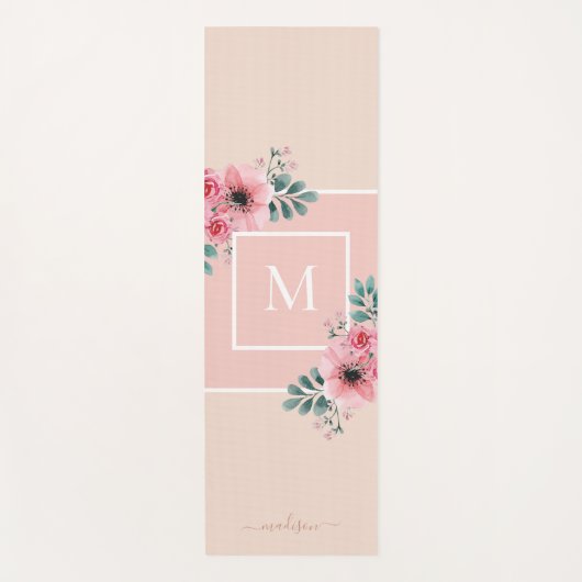 Tapis De Yoga Rose et beige | Monogramme des fleurs d'aquarelle (Devant)