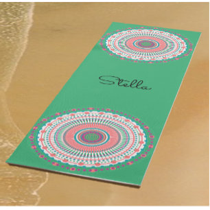 Tapis De Yoga Rose et vert coloré Pastel Mandala