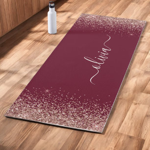 Tapis De Yoga Rose Gold Blush Pink Glitter Burgundy Monogramme