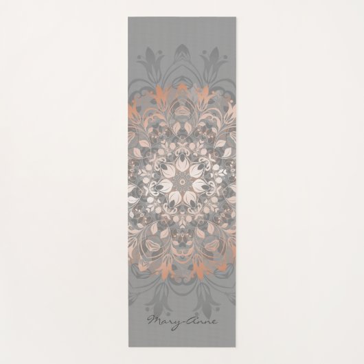 Tapis De Yoga Rose Gold Grey Floral Mandala Monogramme (Devant)