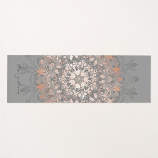 Tapis De Yoga Rose Gold Grey Floral Mandala Monogramme (Devant (Horizontal))