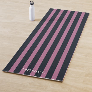 Tapis De Yoga rose rayé nom personnalisé marine