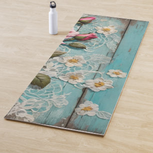 Tapis De Yoga Roses roses et dentelle sur vieille planche de boi