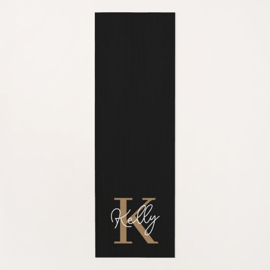 Tapis De Yoga Script de monogramme d'or noir moderne (Devant)