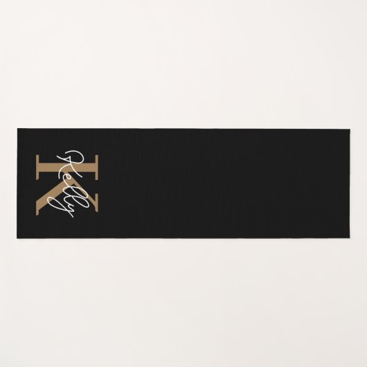Tapis De Yoga Script de monogramme d'or noir moderne (Devant (Horizontal))