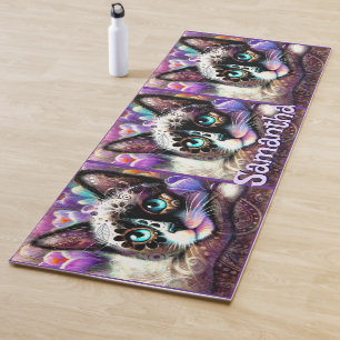 Tapis De Yoga Siamese White Kitty Chat Crocus Floral Personnalis