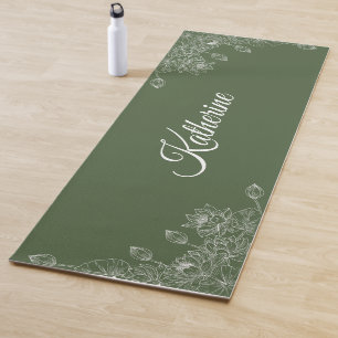 Tapis De Yoga Simple Moderne Floral Script Nom Olive Vert Lotus