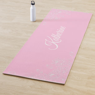 Tapis De Yoga Simple Moderne Floral Script Nom Rose Pâle Lotus