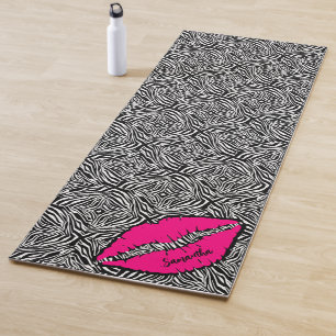 Tapis De Yoga Simple Zèbre avec lèvres roses Personnalisé Noir