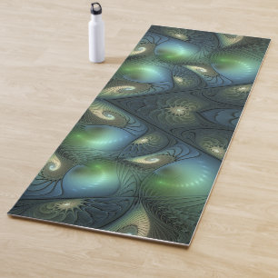 Tapis De Yoga Spirales Beige Vert Turquoise Abstrait Fractal Art