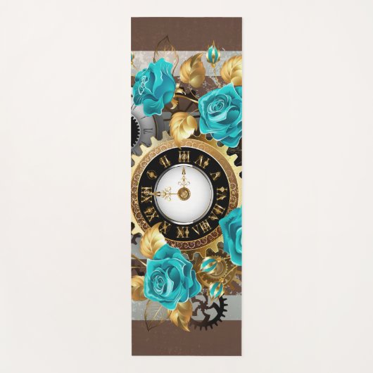 Tapis De Yoga Steampunk Clock and Turquoise Roses on Striped (Devant)