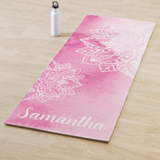 Tapis De Yoga Teinture à tarte rose et fleurs Mandala blanches N