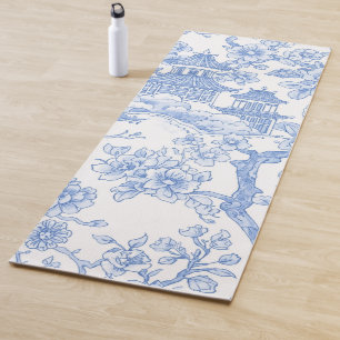 Tapis De Yoga Toile de chinoiserie bleue dragon fleur de cerisie