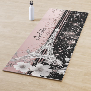 Tapis De Yoga Tour Eiffel Art Pailleté Rose Clair Nuit Parisienn