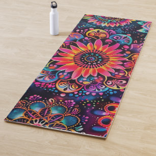 Tapis De Yoga Tournure de Tournesol Floral Néon Méditation Yoga