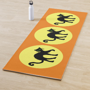 Tapis De Yoga Trois Chats Noirs Arrière Lune Jaune Orange