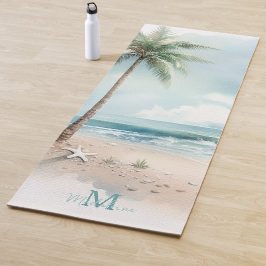 Tapis De Yoga Tropical Beach Waves Palm Tree Zen Name Monogramme (En situation)