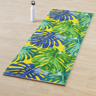 Tapis De Yoga Tropical Vert Bleu Jaune Monstera Jungle Feuilles