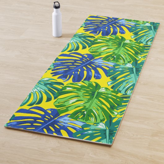 Tapis De Yoga Tropical Vert Bleu Jaune Monstera Jungle Feuilles (En situation)