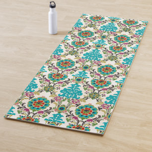 Tapis De Yoga Turquoise florale de prune de motifs de damassé