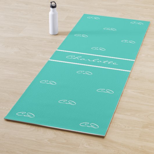 Tapis De Yoga Turquoise vert blanc monogramme initiales nom du m (En situation)