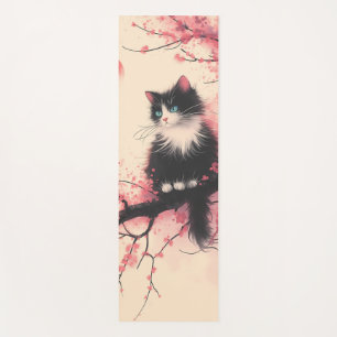 Tapis De Yoga Tuxedo Chat sur la fleur de cerise esthétique japo