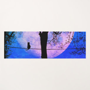 Tapis De Yoga Un chat noir sur un fil pleine lune