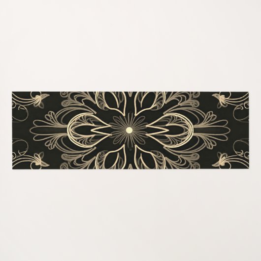 Tapis De Yoga Vibrant Abstrait Floral Noir Et Or (Dos (Horizontal))