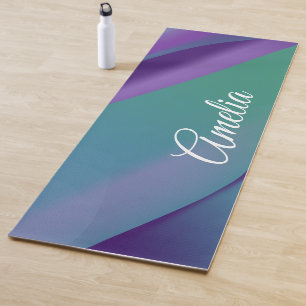 Tapis De Yoga Violet bleu turquoise à vague minimaliste avec nom