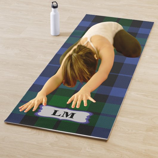 Tapis De Yoga Wallace Tartan Bleu Vert Plaid Monogrammes Initial
