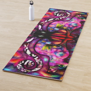 Tapis De Yoga Whimsical Abstrait Kitty Chat Floral Rouge Vert ro