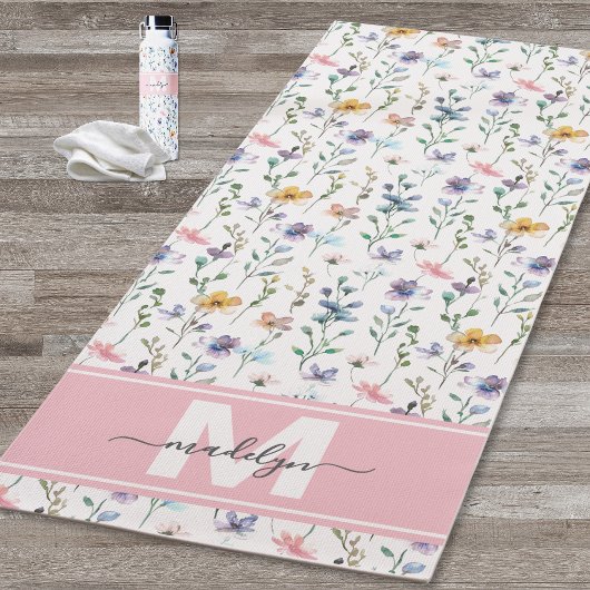 Tapis De Yoga Wildflower Watercolor Custom Name Monogram