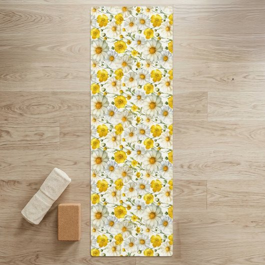 Tapis De Yoga Yellow Watercolor Wildflower Pattern 
