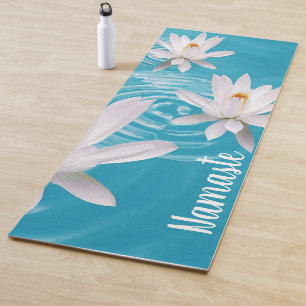 TAPIS DE YOGA YOGA MEDITATION LOTUS BLANC NAMASTE SUR BLEU