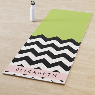 Tapis De Yoga Zigzag noir et blanc, Chevron, Vert, Votre nom