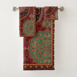 Tapis persan vintage motif rouge vert arabesque