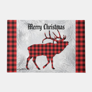 Tapis rouge et noir à plaid de Noël et à élans