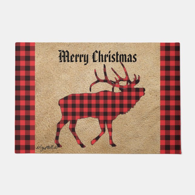 Tapis rouge et noir Plaid Elk Christmas (Devant)