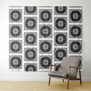 Tapisserie à motif floral Mandala noir et blanc