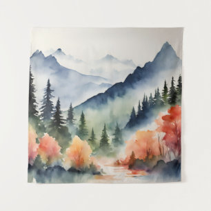 Tapisserie Aquarelle Montagnes Arbres Automne Natu