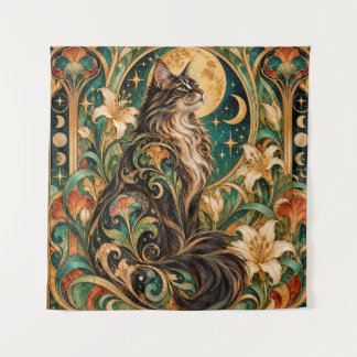 Tapisserie Art Nouveau Chat Mystique et Lune