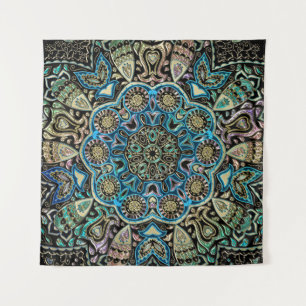 Tapisserie bleue de mur de mandala d'or vert