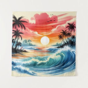 Tapisserie Coucher de soleil Océan Vagues Art trop