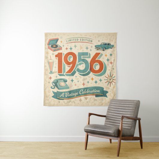 Tapisserie d'anniversaire Vintage 1956 | Style Rét (En situation)