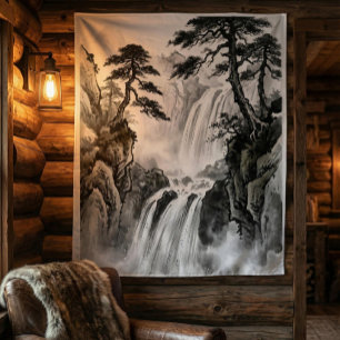 Tapisserie de Cascade Art de Montagne en Noir et