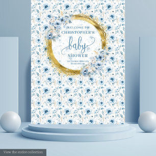 Tapisserie de fête prénatale bleu pastel et or élé