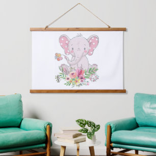 Tapisserie murale en bois rose éléphant floral