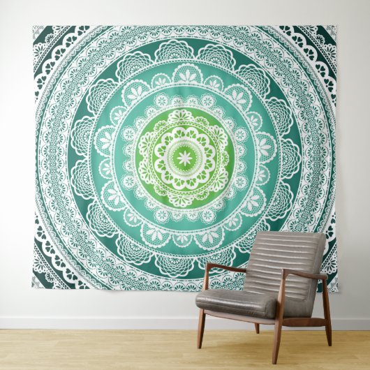 Tapisserie murale Mandala Vert Bleu Turquoise (En situation (horizontale))